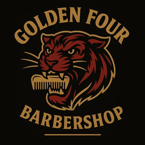 Golden Four Barbershop’s red tiger biting a gold comb